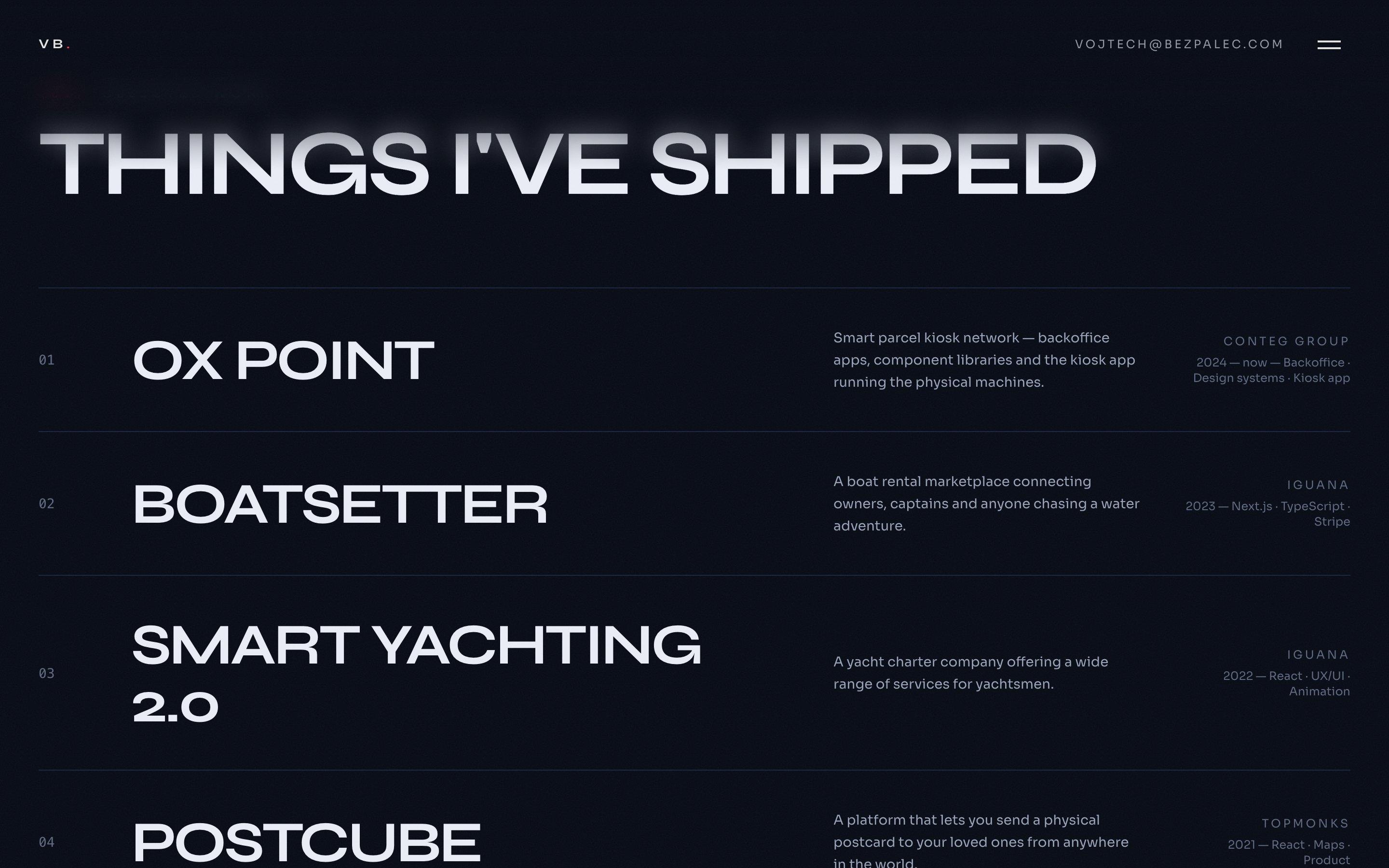 Výpis prací „Things I've shipped“ — OX Point, Boatsetter, Smart Yachting, PostCube