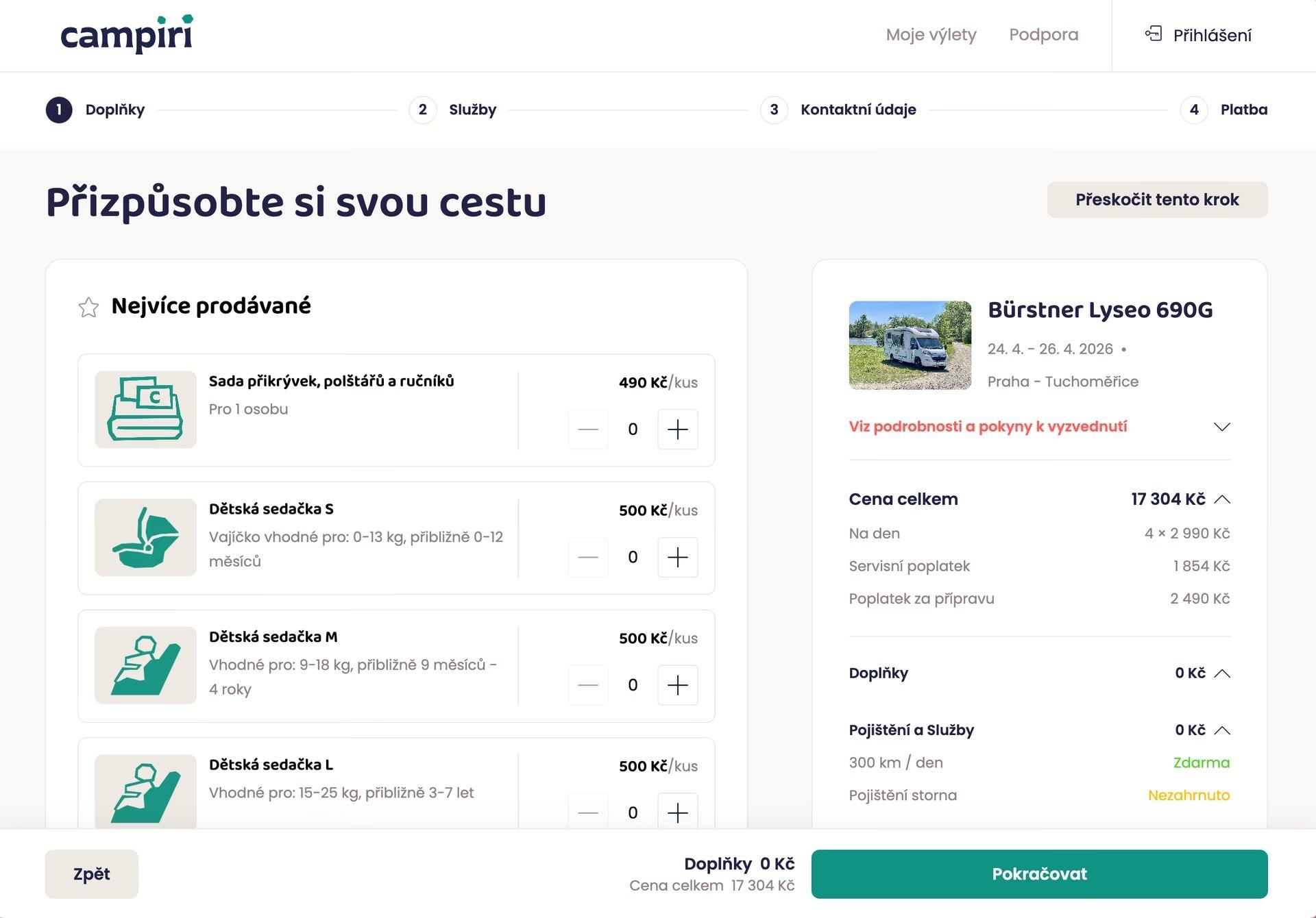 Objednávka — výběr doplňků k pronájmu s průběžným souhrnem ceny