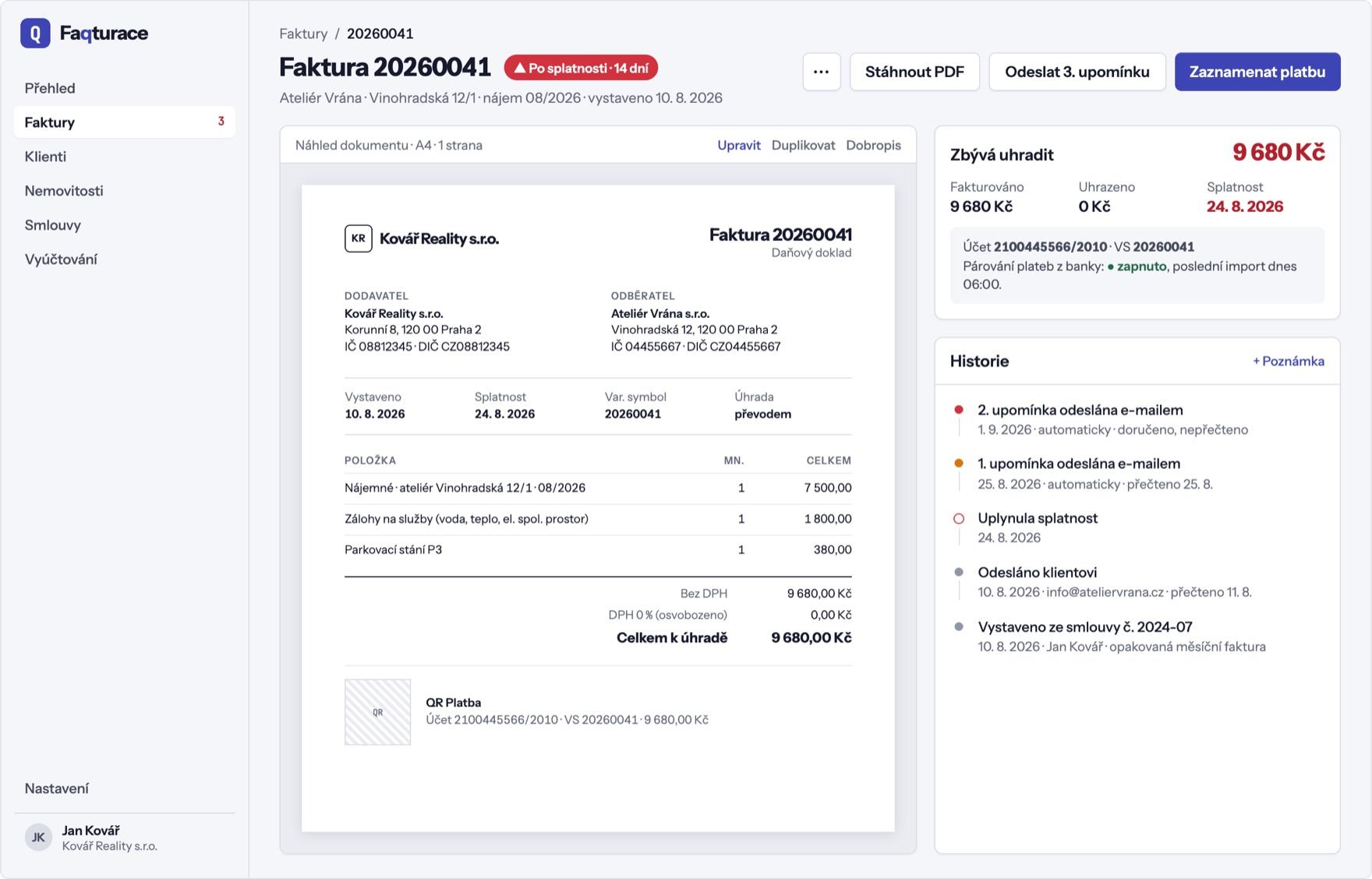 Detail faktury s náhledem dokladu, QR platbou a historií úhrady