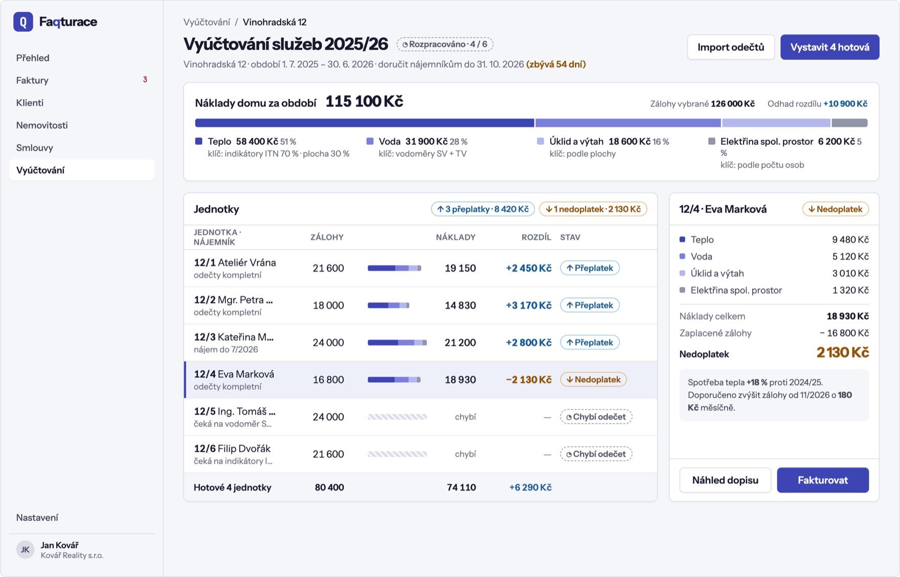 Roční vyúčtování služeb domu — náklady podle druhu, přeplatky a nedoplatky jednotlivých jednotek