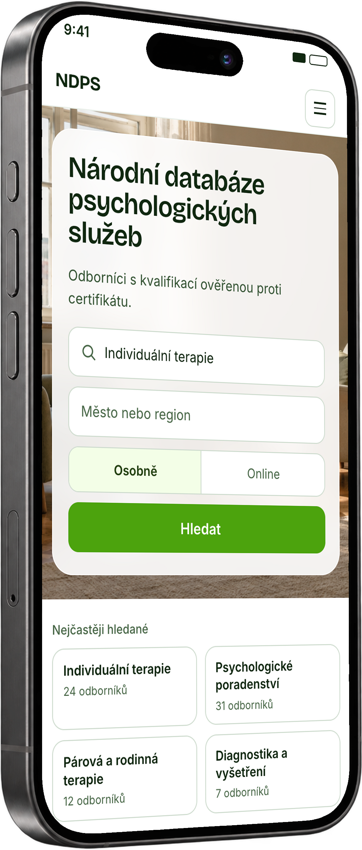 Nový mobilní vizuál NDPS.cz na iPhonu — vyhledání terapie podle služby a města