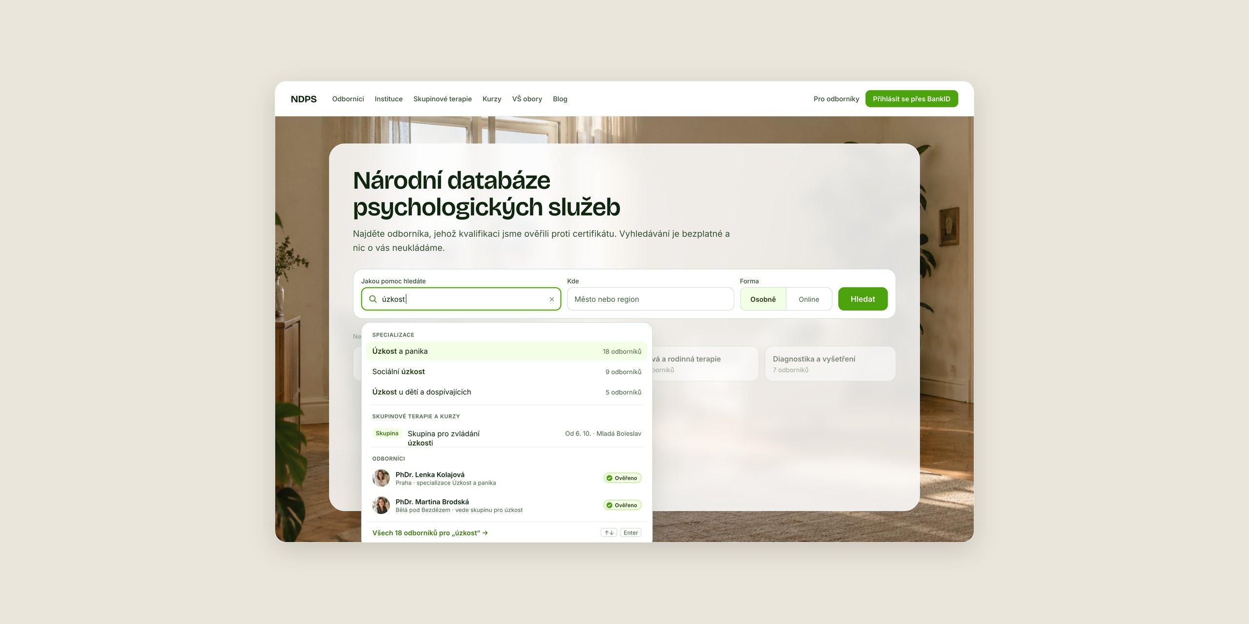 Návrh nového vizuálu NDPS.cz — hledání na homepage s našeptávačem specializací, skupin a odborníků