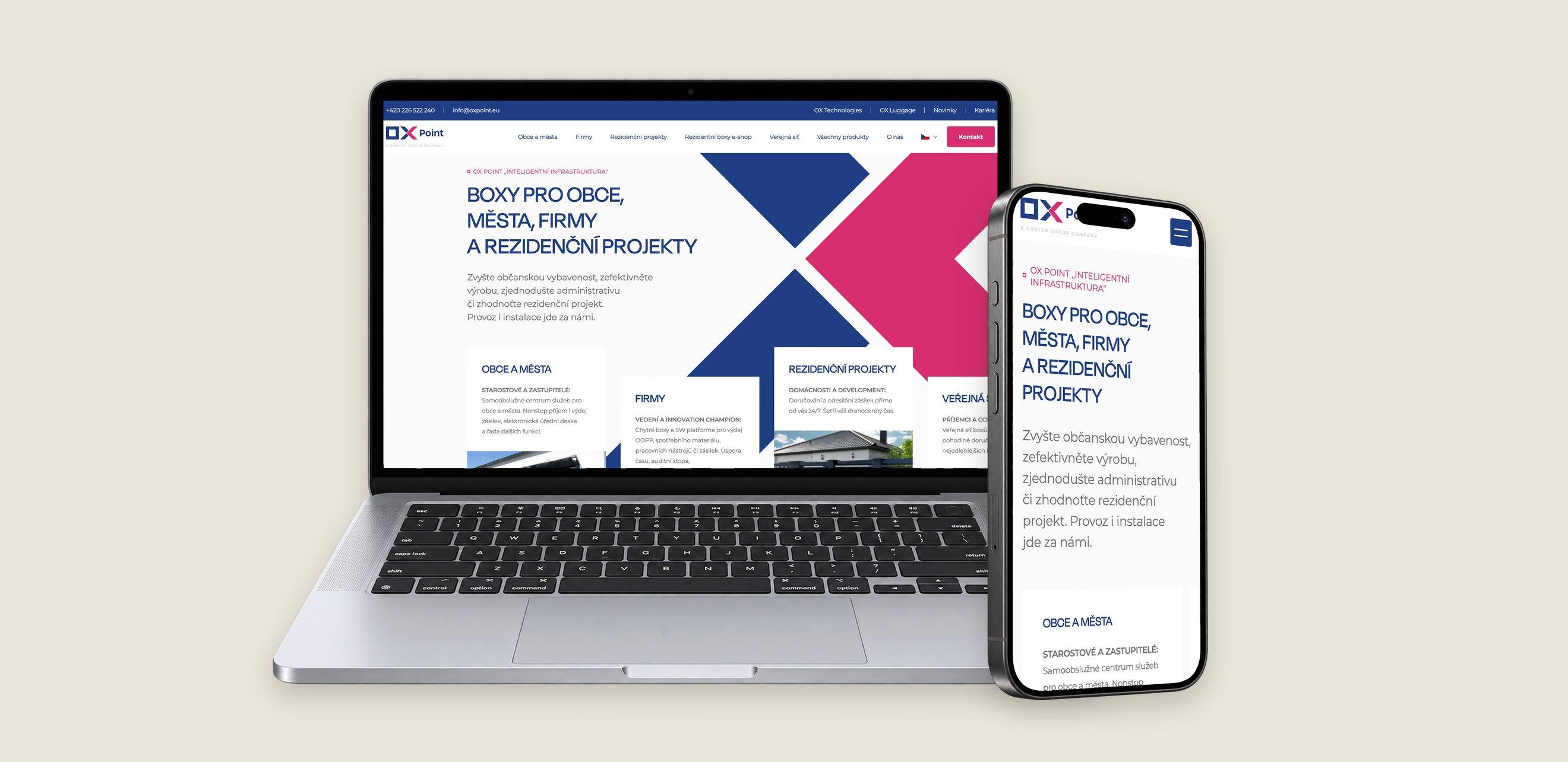 Web oxpoint.cz na MacBooku a v mobilu — boxy pro obce, města, firmy a rezidenční projekty