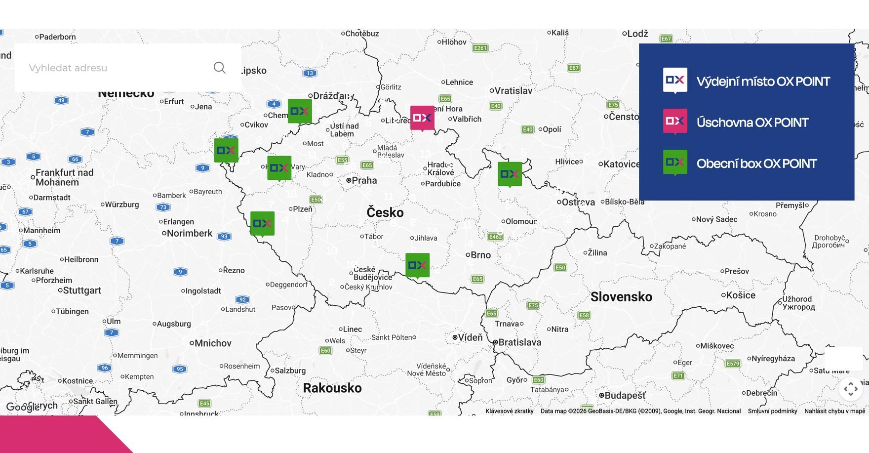 Mapa veřejné sítě boxů OX Point