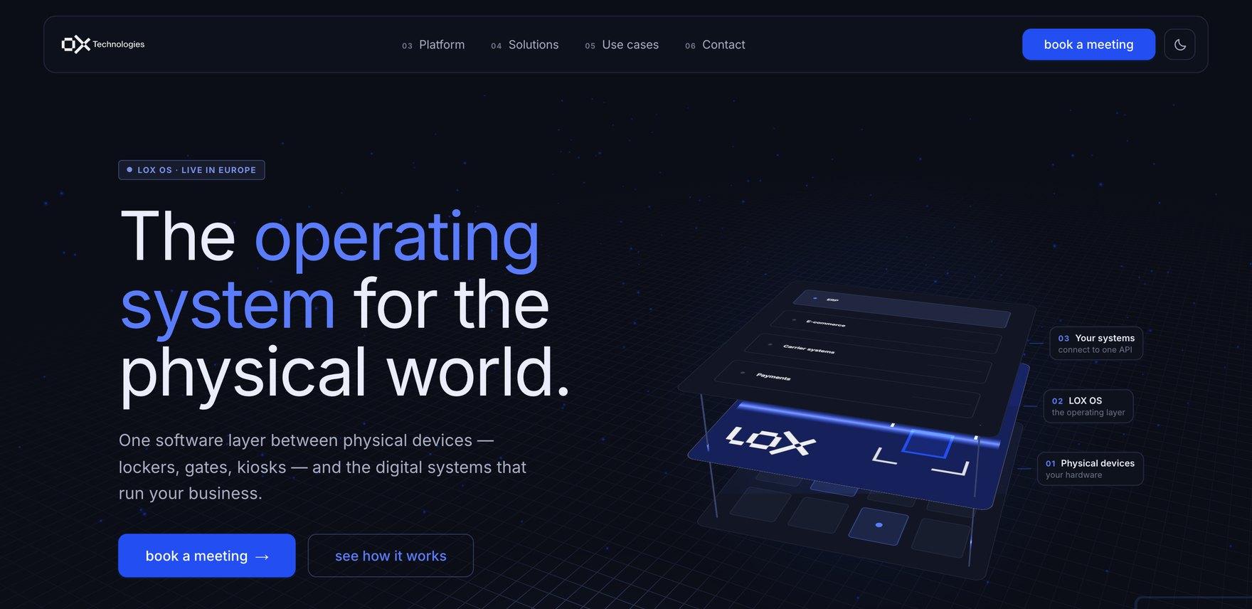 Hero OX Technologies v tmavém režimu — claim „The operating system for the physical world“
