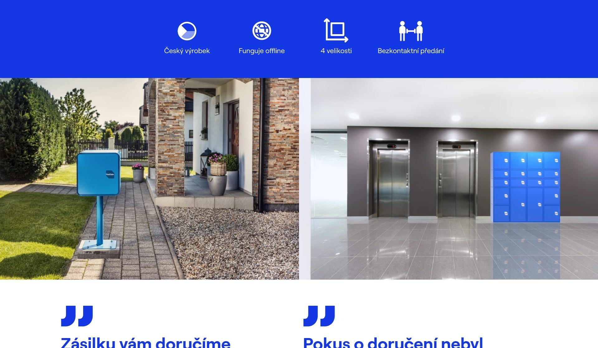 Web PostCube — výhody schránky a fotky boxů u domu i v kancelářské budově