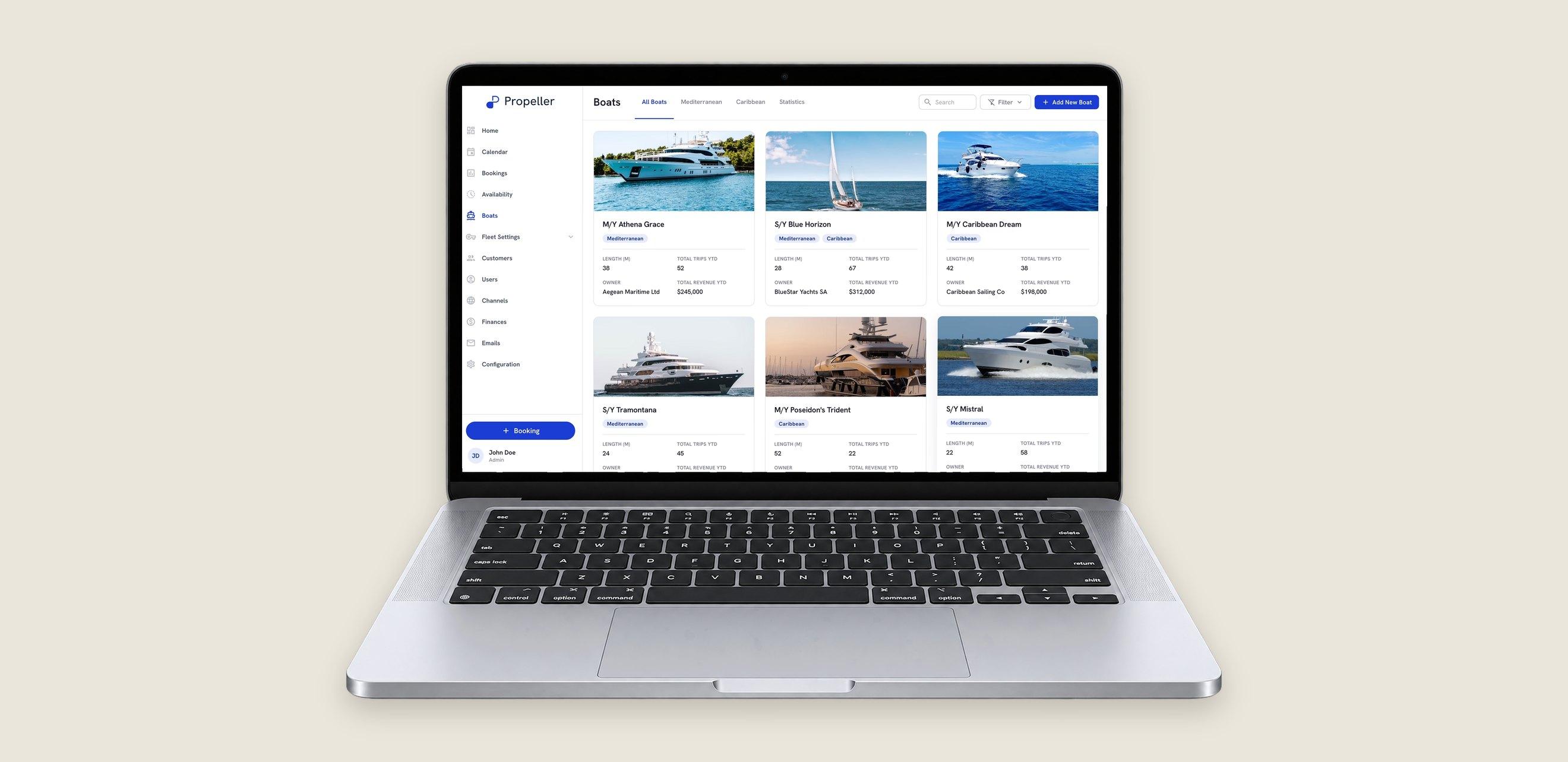 Aplikace Propeller na MacBooku — přehled flotily lodí s parametry a tržbami
