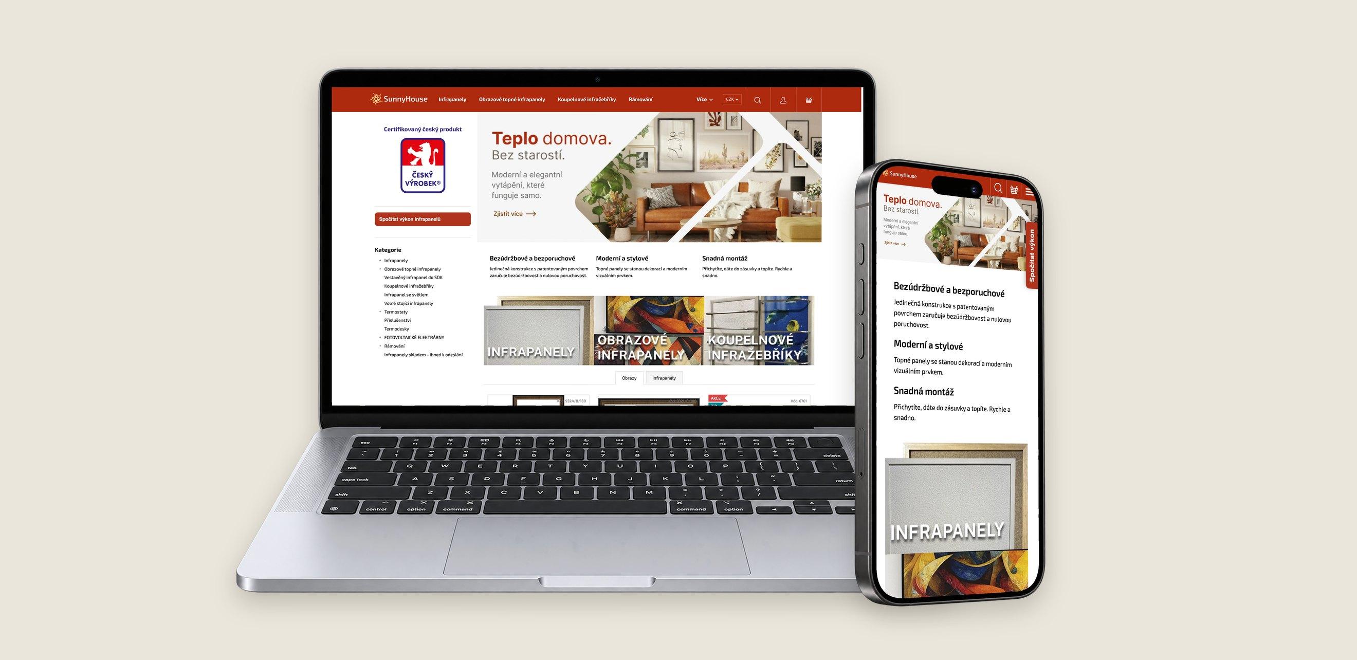 E-shop sunnyhouse.cz na MacBooku a v mobilu — homepage s rozcestníkem kategorií
