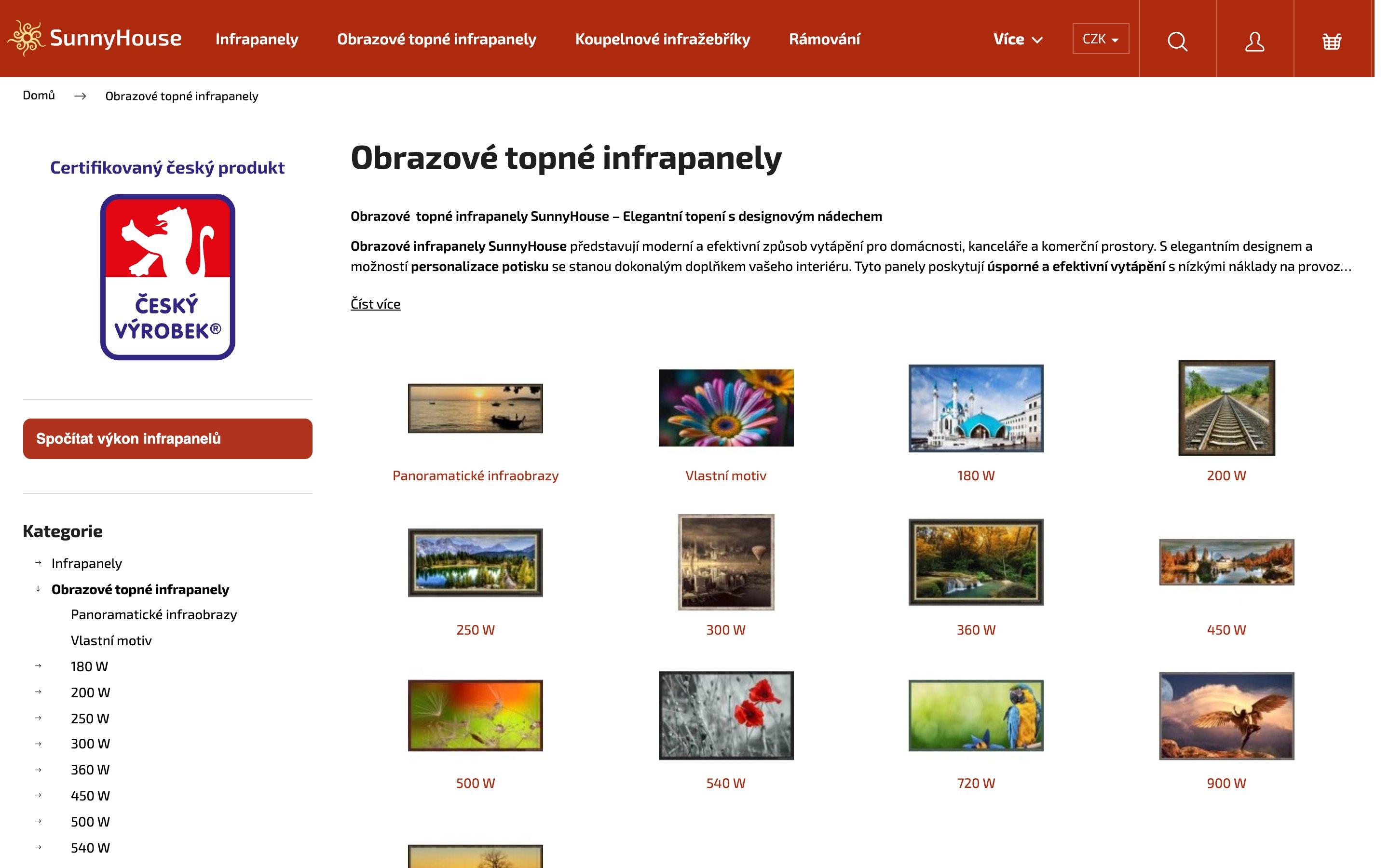 Kategorie obrazových topných infrapanelů — motivy rozdělené podle výkonu