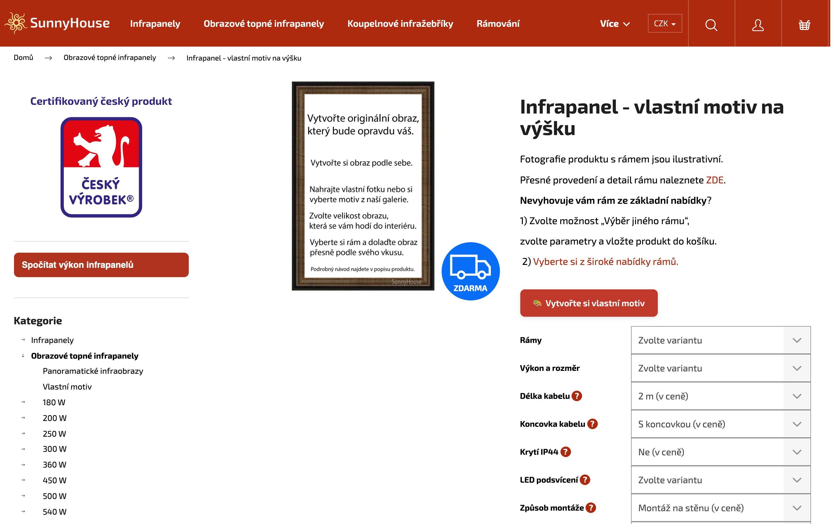 Produkt s konfigurátorem — vlastní motiv, rám a parametry infrapanelu