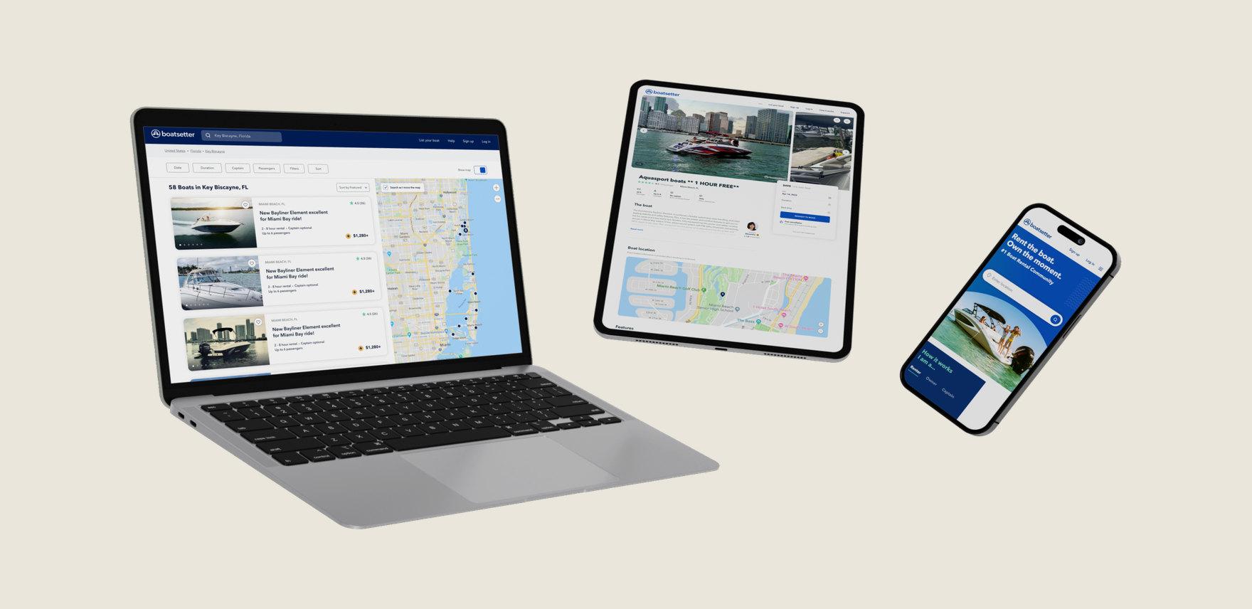 Marketplace Boatsetter na notebooku, tabletu a telefonu — vyhledávání, detail lodi a mobilní rezervace