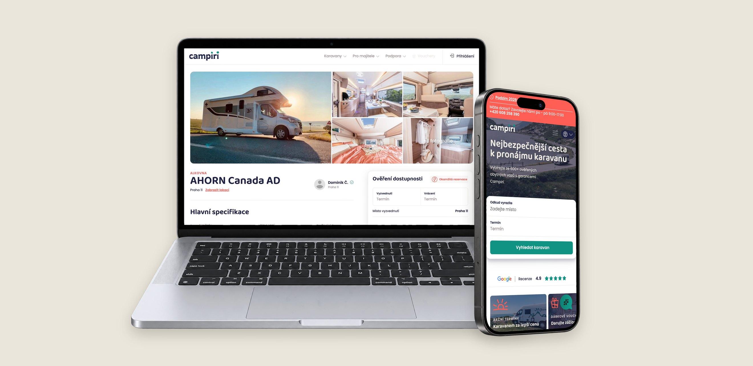 Campiri na MacBooku a v mobilu — detail obytného vozu a vyhledávání karavanů