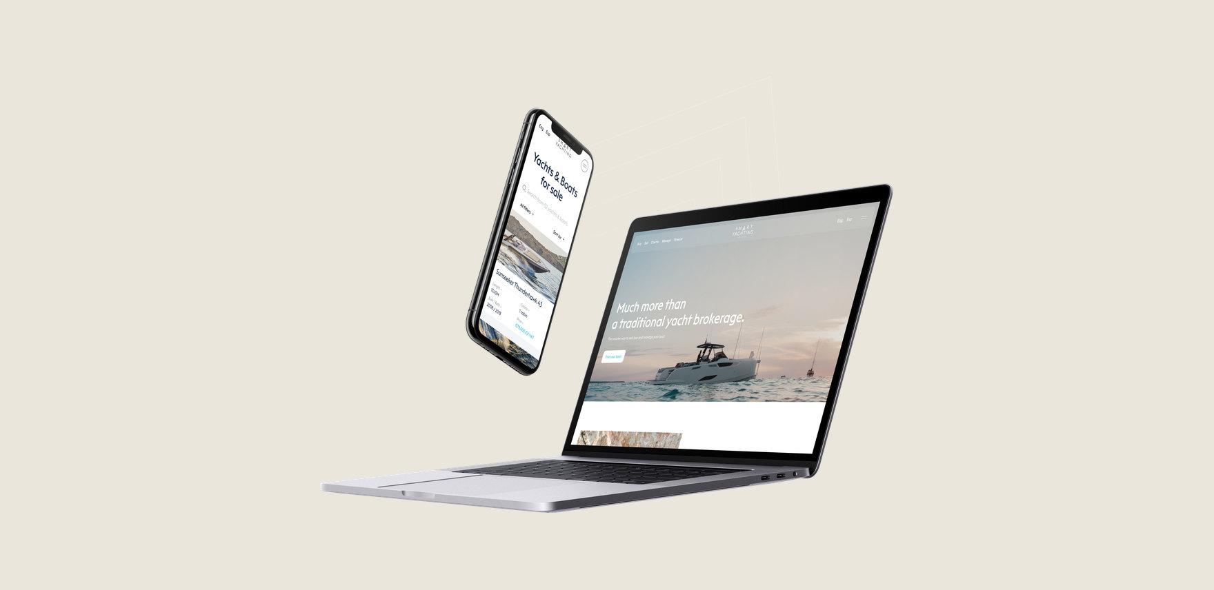 Smart Yachting na notebooku a v mobilu — homepage a výpis lodí na prodej