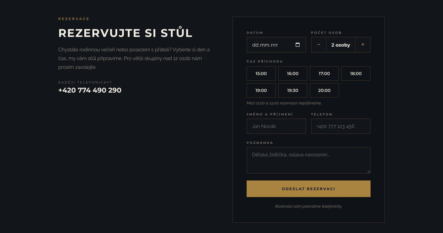 Rezervace stolu — datum, počet osob a výběr času příchodu